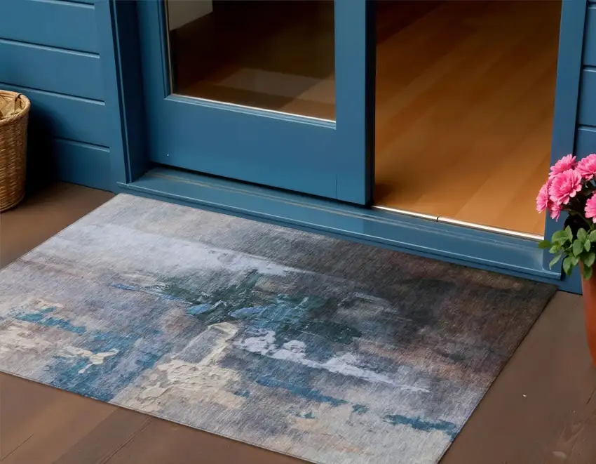 Blue Charcoal And Brown Abstract Washable Indoor Outdoor Area Rug Photo 2