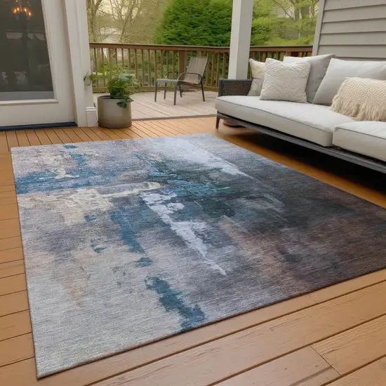 Blue Charcoal And Brown Abstract Washable Indoor Outdoor Area Rug Photo 6