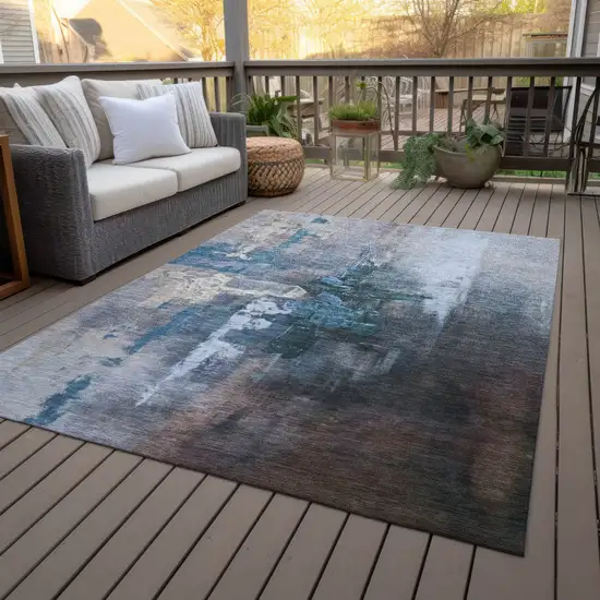 Blue Charcoal And Brown Abstract Washable Indoor Outdoor Area Rug Photo 9