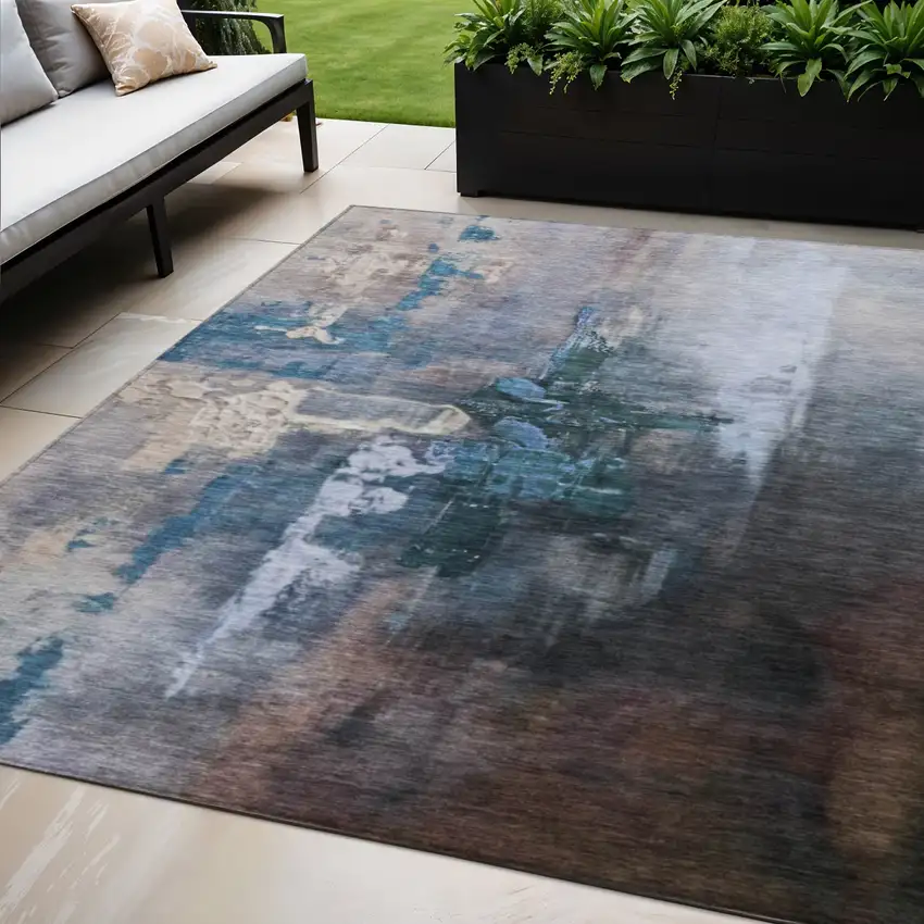 Blue Charcoal And Brown Abstract Washable Indoor Outdoor Area Rug Photo 2