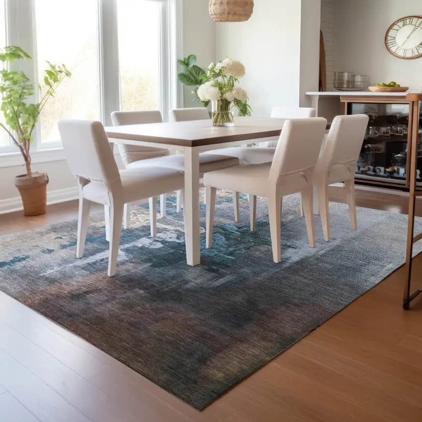 Blue Charcoal And Brown Abstract Washable Indoor Outdoor Area Rug Photo 7