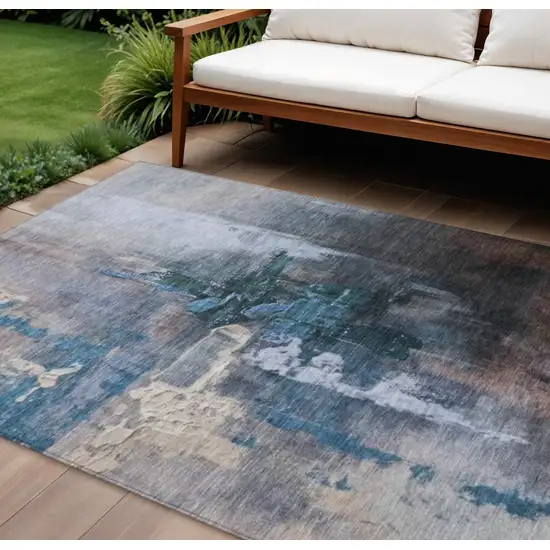 Blue Charcoal And Brown Abstract Washable Indoor Outdoor Area Rug Photo 2