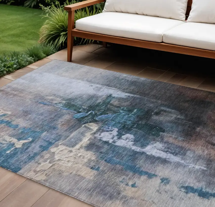 Blue Charcoal And Brown Abstract Washable Indoor Outdoor Area Rug Photo 2