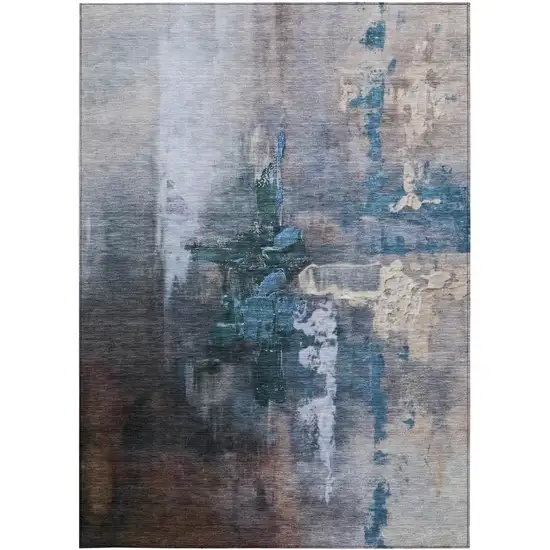 Blue Charcoal And Brown Abstract Washable Indoor Outdoor Area Rug Photo 3