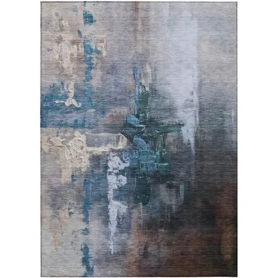 Blue Charcoal And Brown Abstract Washable Indoor Outdoor Area Rug Photo 1