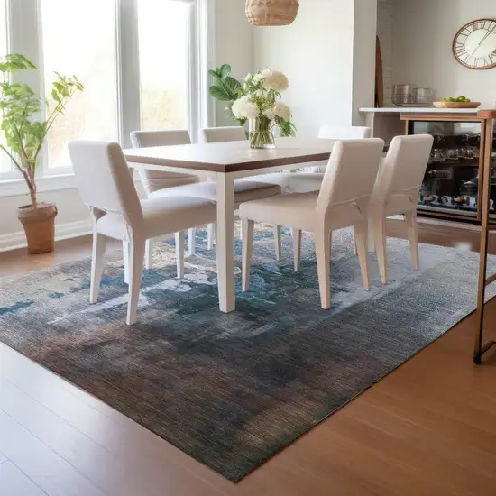 Blue Charcoal And Brown Abstract Washable Indoor Outdoor Area Rug Photo 7