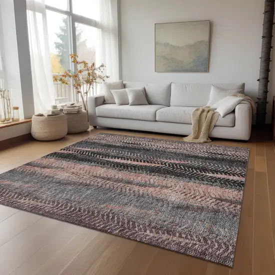 Blue Charcoal And Copper Botanical Leaves Washable Indoor Outdoor Area Rug Photo 9