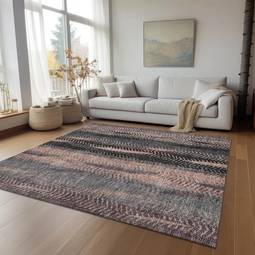 Blue Charcoal And Copper Botanical Leaves Washable Indoor Outdoor Area Rug Photo 9