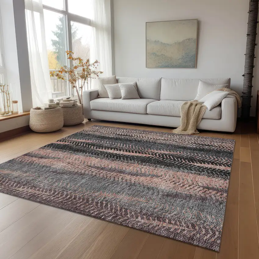 Blue Charcoal And Copper Botanical Leaves Washable Indoor Outdoor Area Rug Photo 9