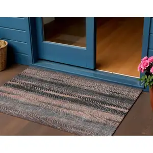 Photo of Blue Charcoal And Copper Botanical Leaves Washable Indoor Outdoor Area Rug