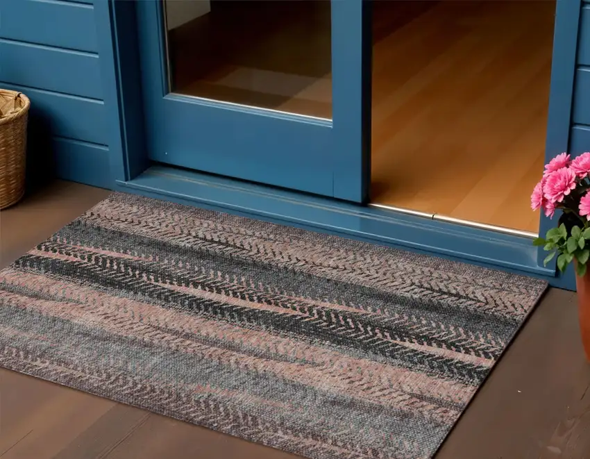 Blue Charcoal And Copper Botanical Leaves Washable Indoor Outdoor Area Rug Photo 1