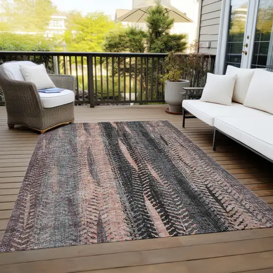 Blue Charcoal And Copper Botanical Leaves Washable Indoor Outdoor Area Rug Photo 9