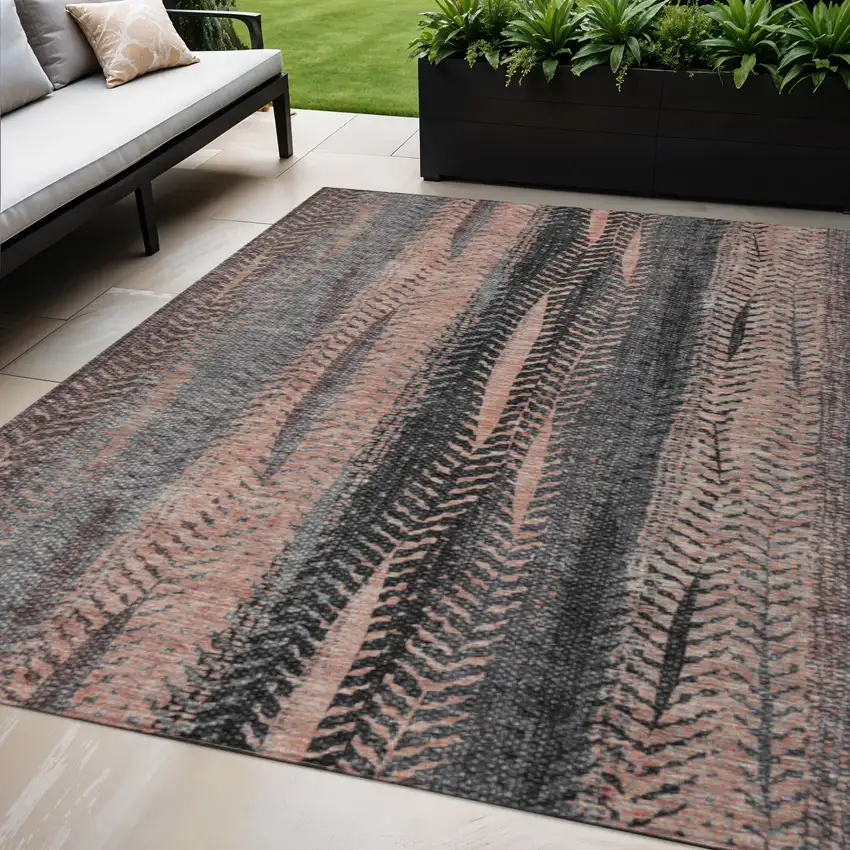 Blue Charcoal And Copper Botanical Leaves Washable Indoor Outdoor Area Rug Photo 1