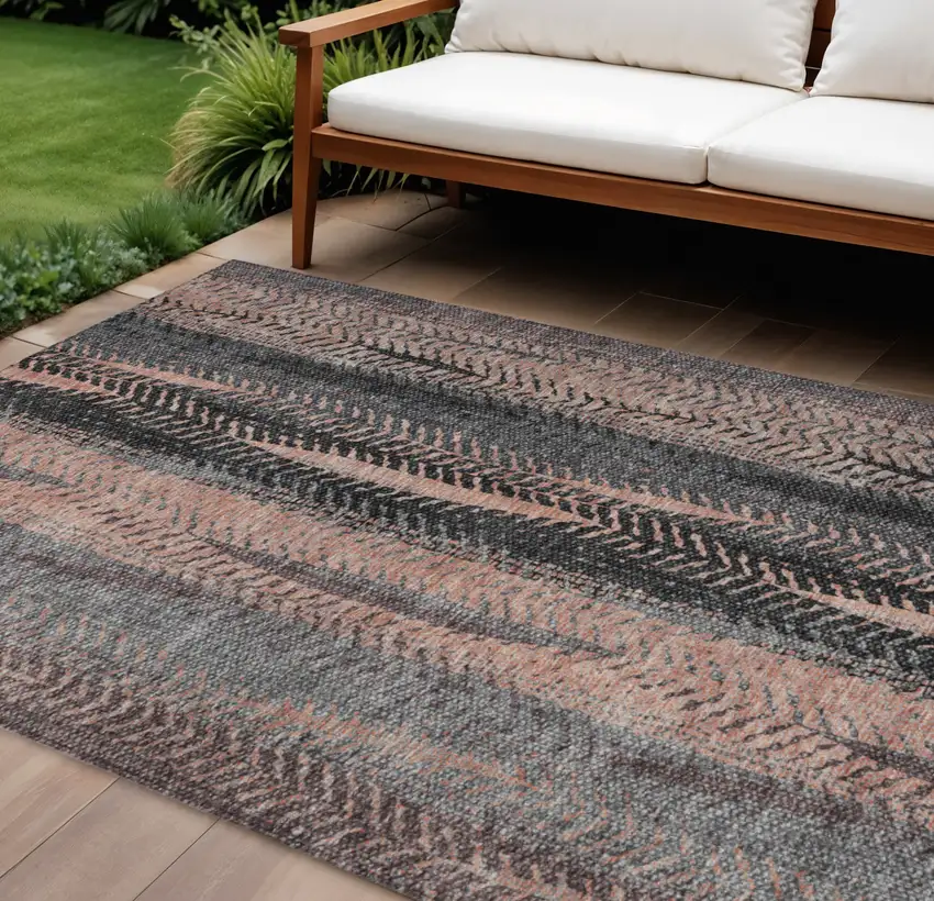 Blue Charcoal And Copper Botanical Leaves Washable Indoor Outdoor Area Rug Photo 1