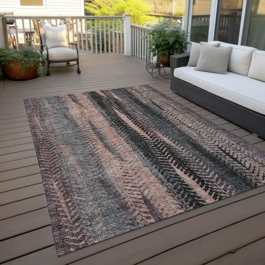 Blue Charcoal And Copper Botanical Leaves Washable Indoor Outdoor Area Rug Photo 8