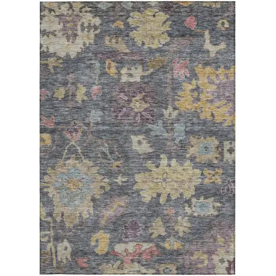 Blue Charcoal And Gold Floral Washable Indoor Outdoor Area Rug Photo 6