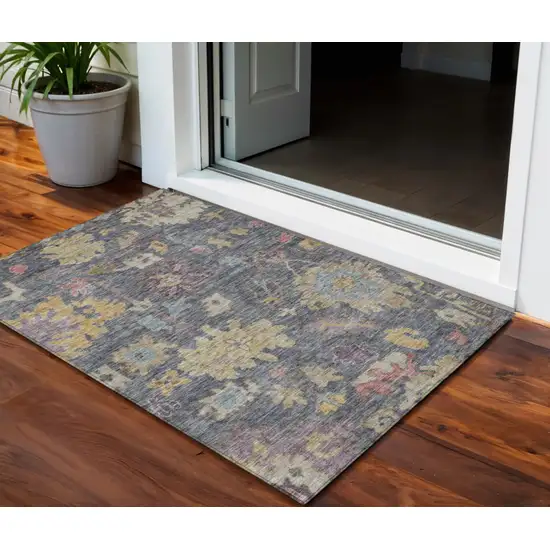 Blue Charcoal And Gold Floral Washable Indoor Outdoor Area Rug Photo 1