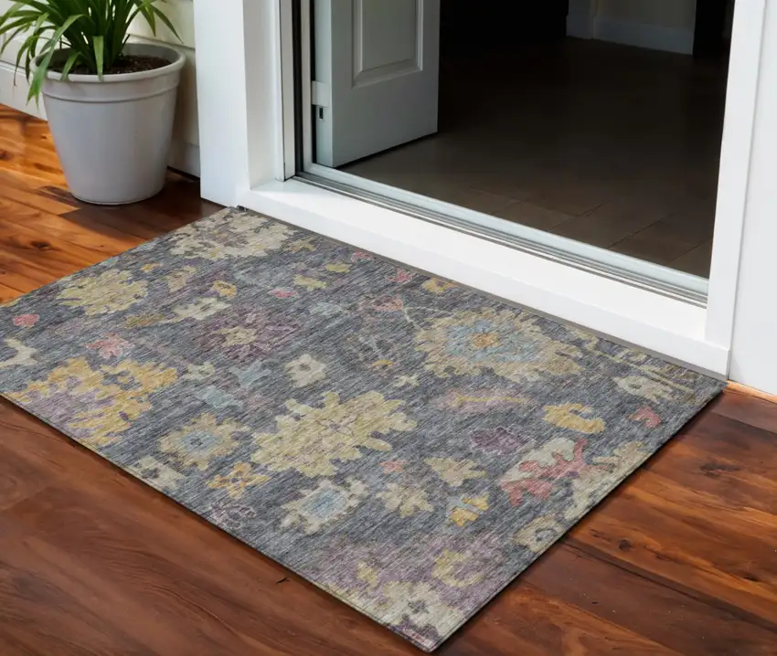 Blue Charcoal And Gold Floral Washable Indoor Outdoor Area Rug Photo 1