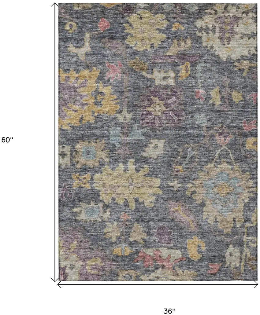 Blue Charcoal And Gold Floral Washable Indoor Outdoor Area Rug Photo 7