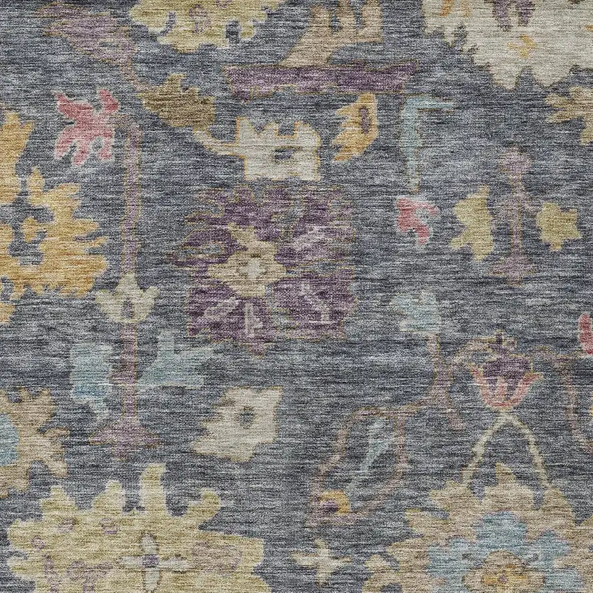 Blue Charcoal And Gold Floral Washable Indoor Outdoor Area Rug Photo 5