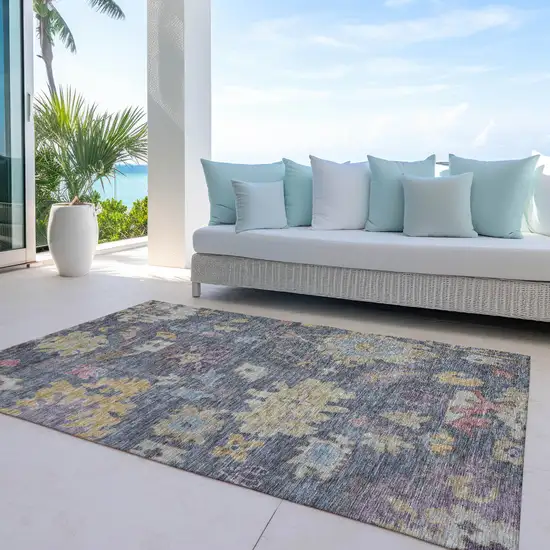 Blue Charcoal And Gold Floral Washable Indoor Outdoor Area Rug Photo 7