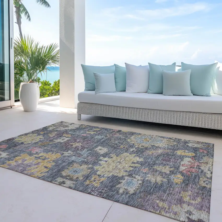 Blue Charcoal And Gold Floral Washable Indoor Outdoor Area Rug Photo 7