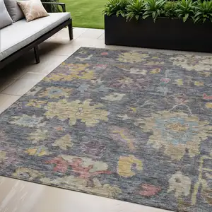Photo of Blue Charcoal And Gold Floral Washable Indoor Outdoor Area Rug