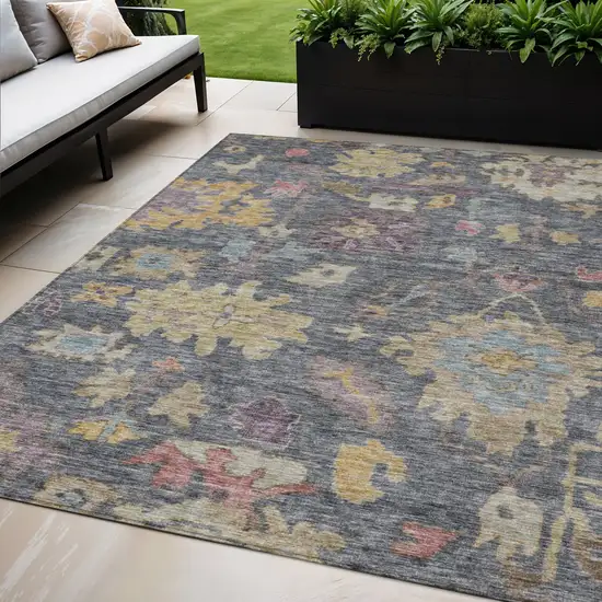 Blue Charcoal And Gold Floral Washable Indoor Outdoor Area Rug Photo 1