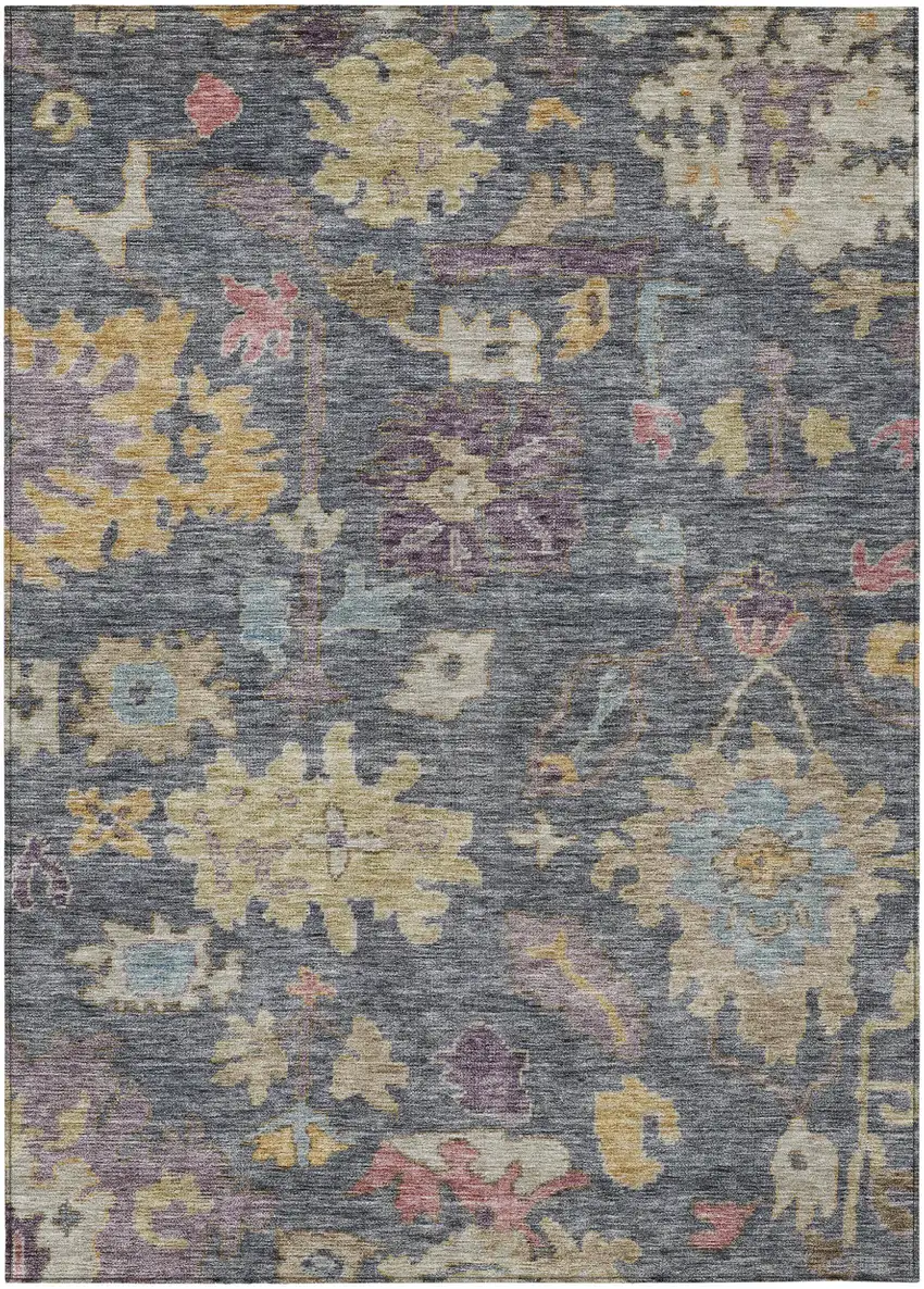 Blue Charcoal And Gold Floral Washable Indoor Outdoor Area Rug Photo 2