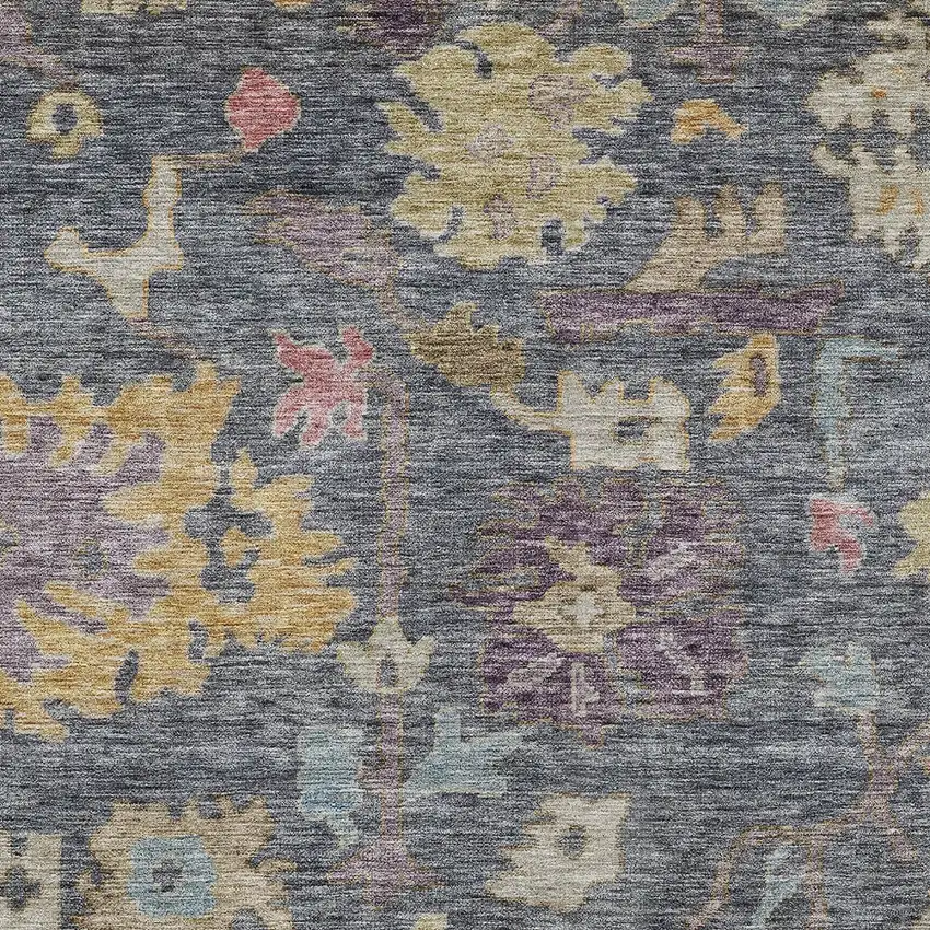 Blue Charcoal And Gold Floral Washable Indoor Outdoor Area Rug Photo 5