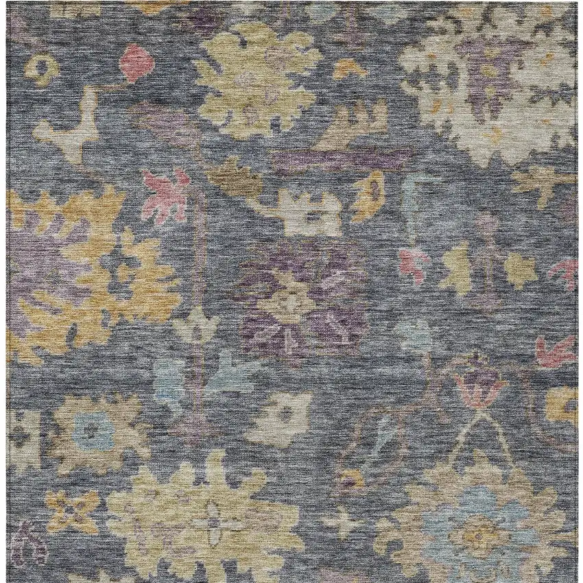 Blue Charcoal And Gold Floral Washable Indoor Outdoor Area Rug Photo 6