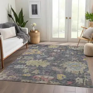 Photo of Blue Charcoal And Gold Floral Washable Indoor Outdoor Area Rug