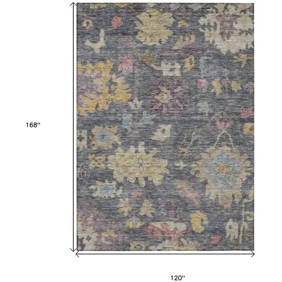 Blue Charcoal And Gold Floral Washable Indoor Outdoor Area Rug Photo 6