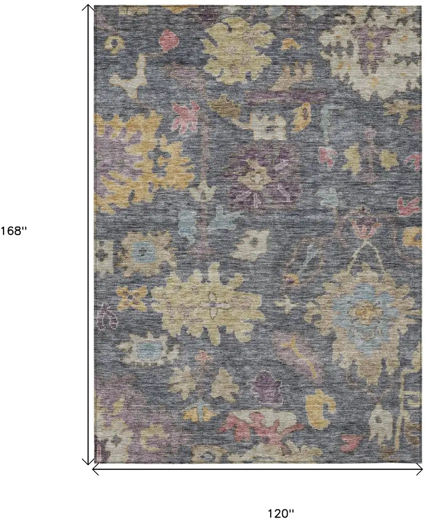 Blue Charcoal And Gold Floral Washable Indoor Outdoor Area Rug Photo 6