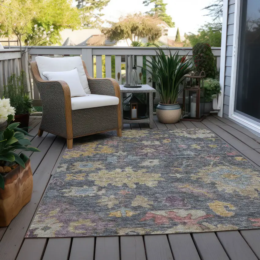 Blue Charcoal And Gold Floral Washable Indoor Outdoor Area Rug Photo 9