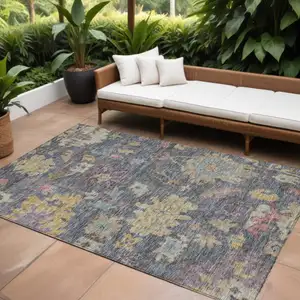 Photo of Blue Charcoal And Gold Floral Washable Indoor Outdoor Area Rug
