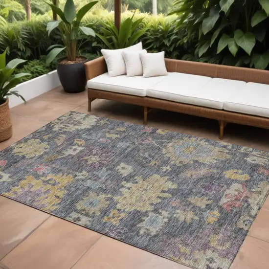 Blue Charcoal And Gold Floral Washable Indoor Outdoor Area Rug Photo 1