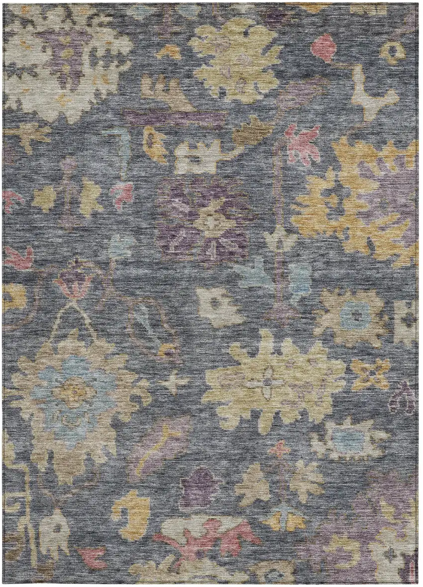 Blue Charcoal And Gold Floral Washable Indoor Outdoor Area Rug Photo 5