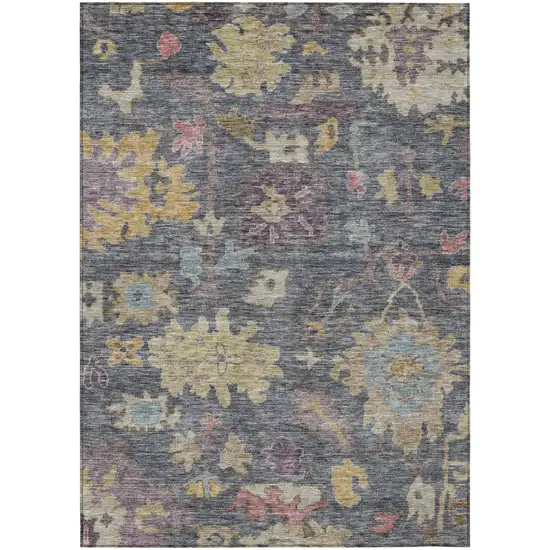 Blue Charcoal And Gold Floral Washable Indoor Outdoor Area Rug Photo 2