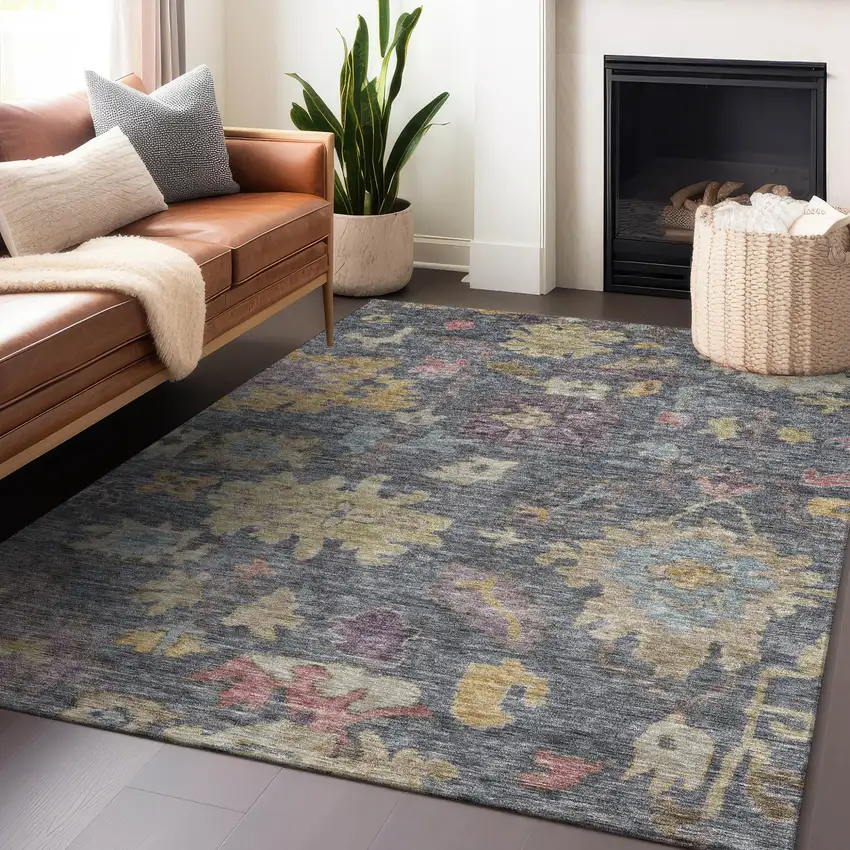 Blue Charcoal And Gold Floral Washable Indoor Outdoor Area Rug Photo 7