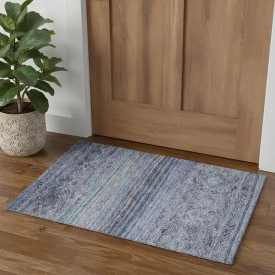 Blue Charcoal And Gray Abstract Geometric Washable Area Rug With UV Protection Photo 1