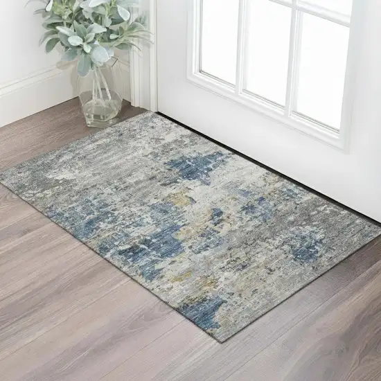 Blue Charcoal And Gray Abstract Geometric Washable Area Rug With UV Protection Photo 2
