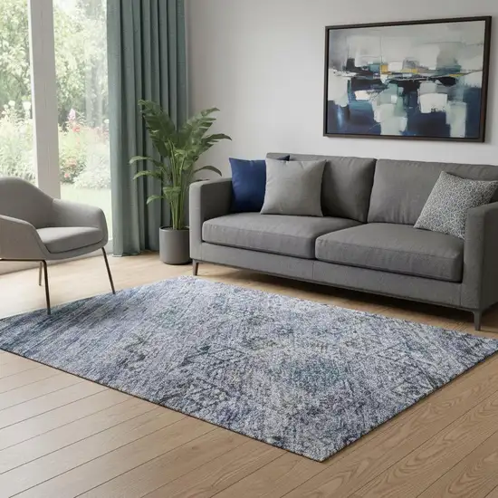 Blue Charcoal And Gray Abstract Geometric Washable Area Rug With UV Protection Photo 2