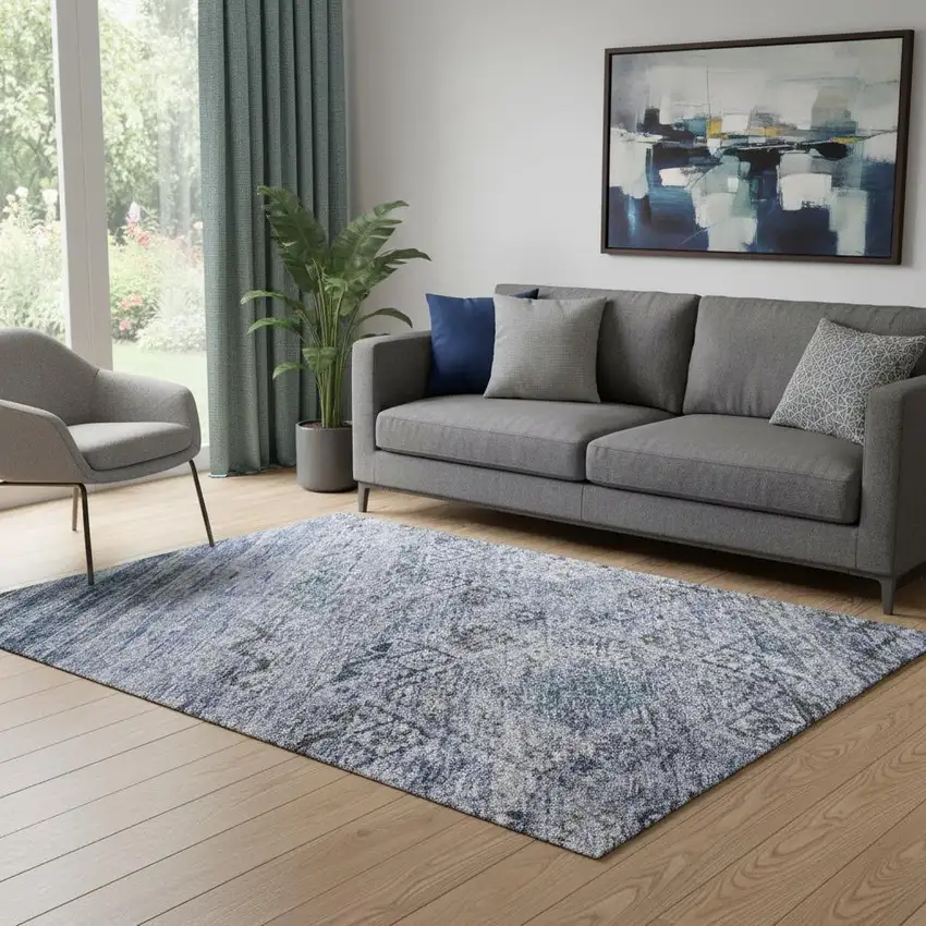 Blue Charcoal And Gray Abstract Geometric Washable Area Rug With UV Protection Photo 2