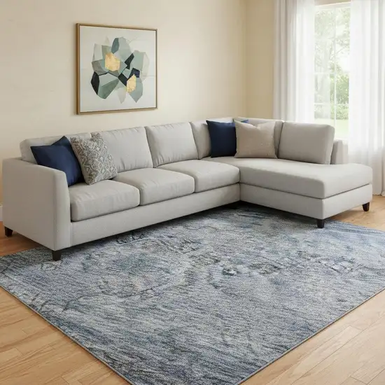 Blue Charcoal And Gray Abstract Geometric Washable Area Rug With UV Protection Photo 2