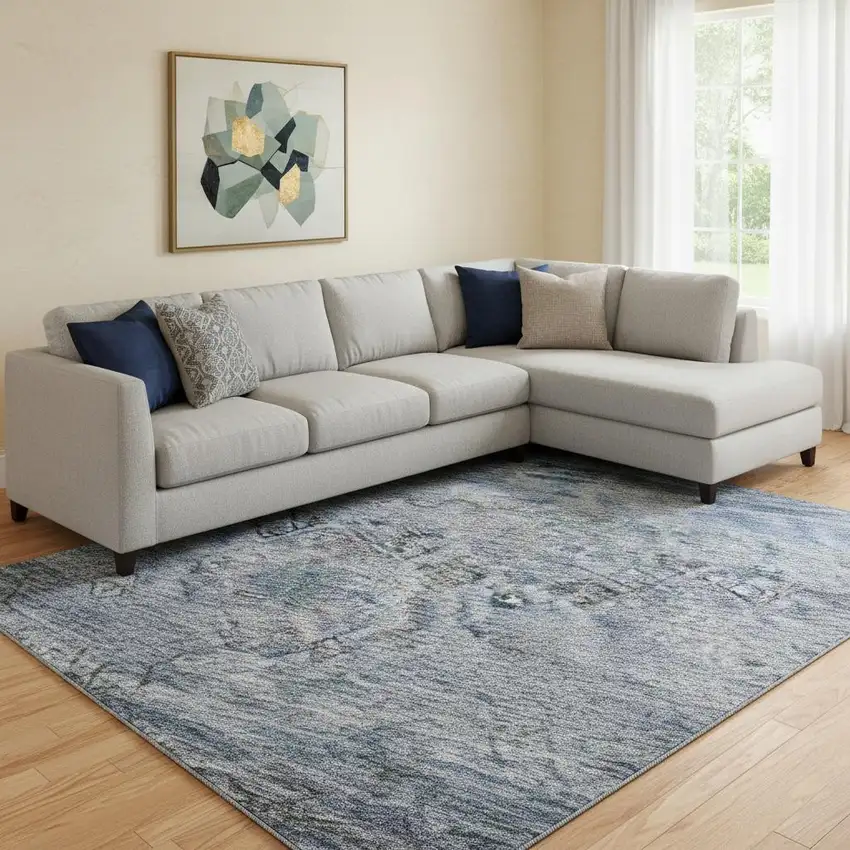 Blue Charcoal And Gray Abstract Geometric Washable Area Rug With UV Protection Photo 2