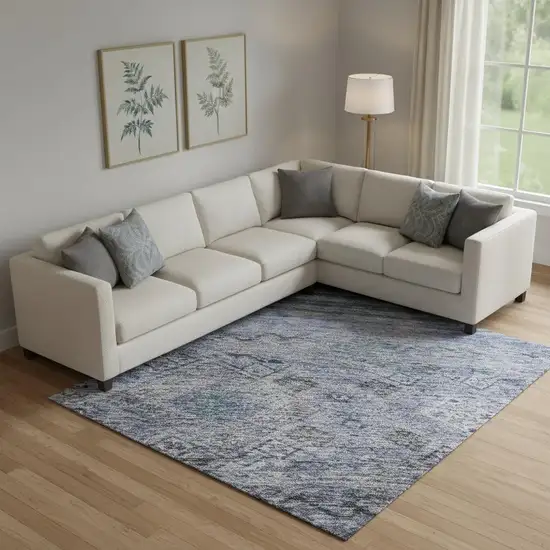 Blue Charcoal And Gray Abstract Geometric Washable Area Rug With UV Protection Photo 2