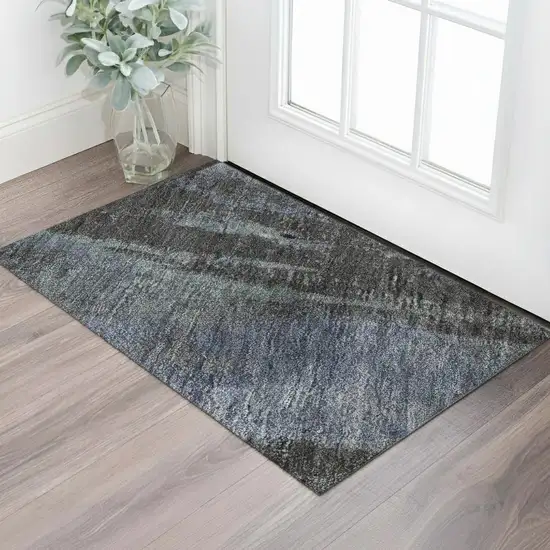 Blue Charcoal And Gray Abstract Washable Area Rug With UV Protection Photo 2
