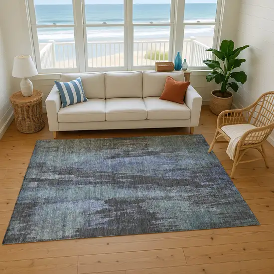 Blue Charcoal And Gray Abstract Washable Area Rug With UV Protection Photo 4