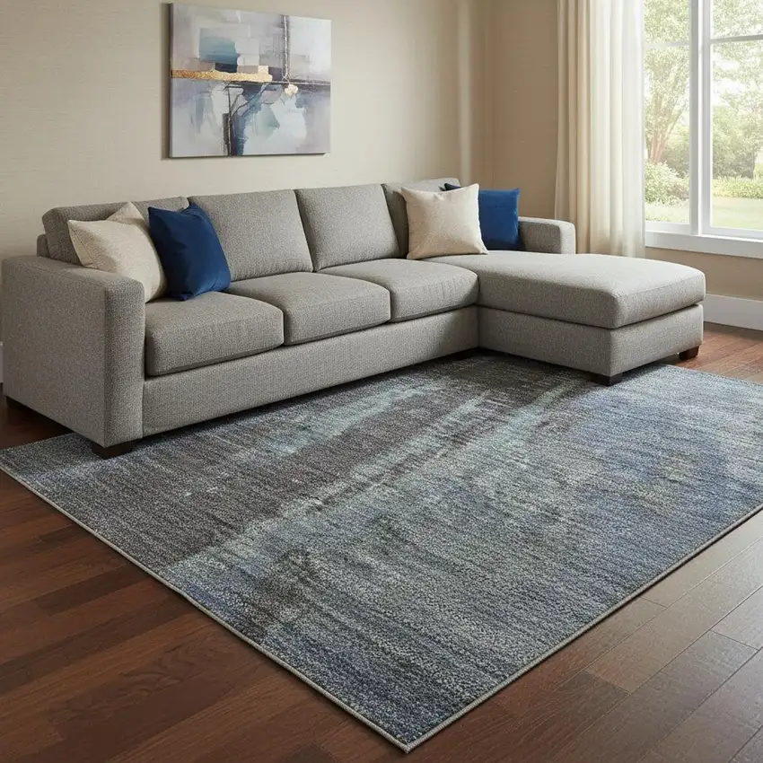 Blue Charcoal And Gray Abstract Washable Area Rug With UV Protection Photo 2